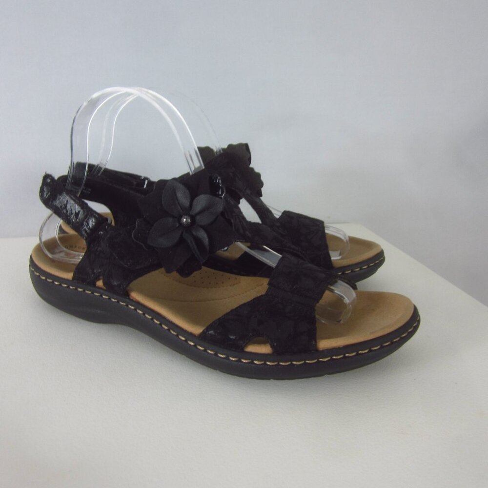 New Clarks Laurieann Bea Women 8.5 M Black Leather Floral Ankle Strap Sandals - Picture 2 of 15